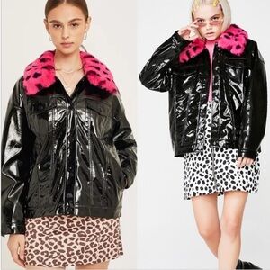 Lazy Oaf black vinyl coat pink faux fur collar M